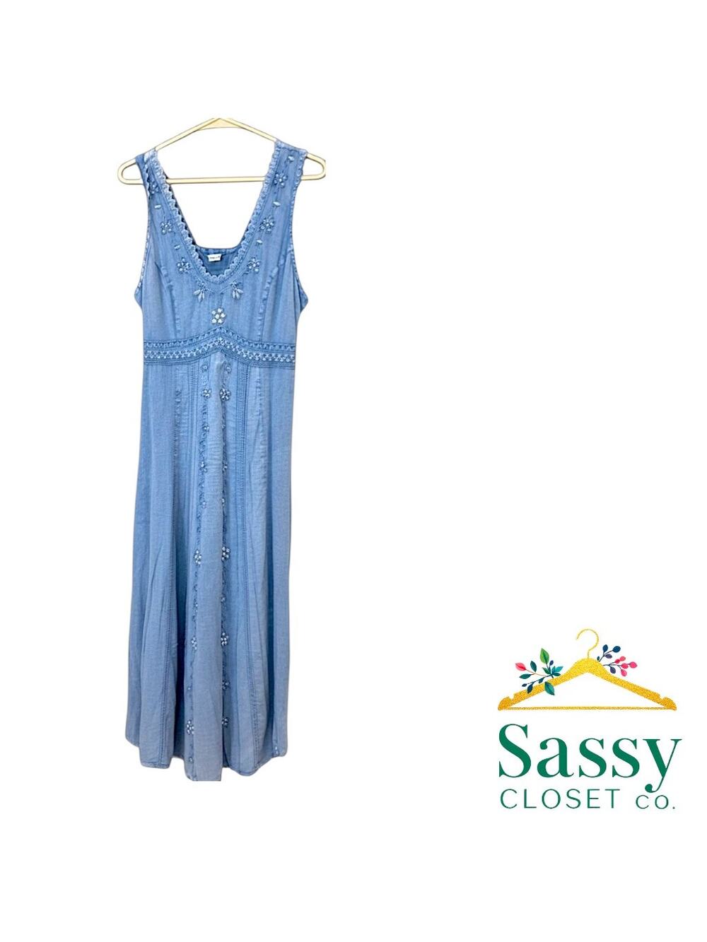 ✨ LA COTONNIERE Denim Maxi Dress Pearl Accent Empire Waist XXL EUC 🌊